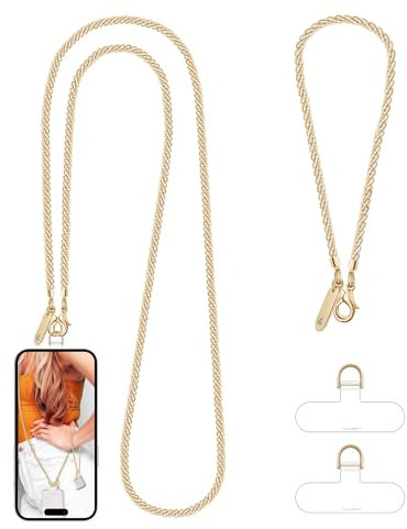 UKON Mobile Phone Lanyard Crossbody and Wrist Strap Set, Metal Phone Chain Neck Strap for Women Anti Theft iPhone Lanyard Strap with Tether Tabs, Detachable iPhone Chain for Women Girls (Light Gold)