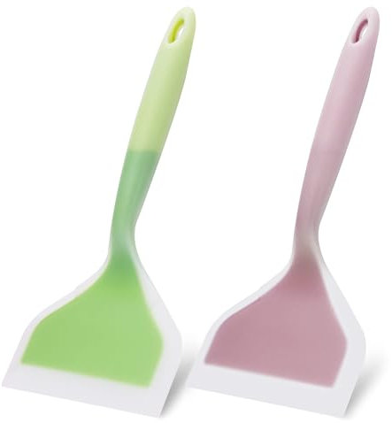 Pfannenwender Silikon, 2 Stück Silicone Spatul, Silikon Pfannenwender Antihaft Hitzebeständig Silicone Spatula für Steak, Kochen Fisch, Pfannkuchen, Eier, Pizza (Grün+Rosa)