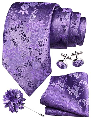 Gusleson Mens Lavender Purple Tie for Wedding Silk Floral Necktie Pocket Square Cufflinks and Lapel Pin Brooch Set (UK6107-21)