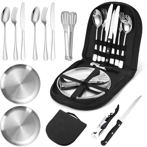 Camping Geschirr Set für 2 Personen,12 Stück Tragbars Campingbesteck Set aus Edelstahl für Camping, Picknick, Reisen-Inklusive Bestecktasche Edelstahl-Gabeln, Messer und Löffel,Wiederverwendbar