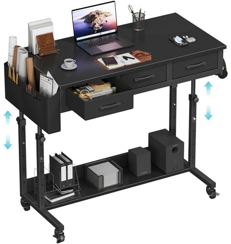Rolling Standing Desk Adjustable Height with Drawers, 40 Inch Mobile Stand Up Portable Teacher Desks on Wheels for Classroom, Couch Sofa Side Laptop Table with Storage for Bedroom Home Office, Black
