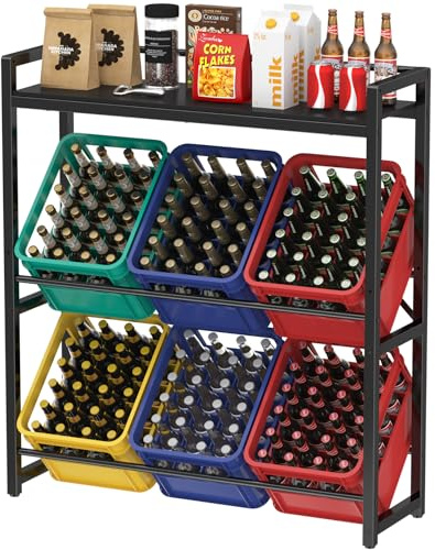 Lifewit dryckeslådeshylla med hylla för 6 lådor, lådhylla i metall 340 kg, 32D x 104 W x 117,3 H cm fristående lådställ dryckeshylla vattenlådehylla, öllådehylla, svart