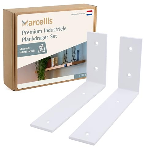 Marcellis Premium Regalhalterung für 15-20 cm breite Bretter, Matt Weiß, 2x Industrielle Regalhalterungen (40 kg Tragkraft) - Hochwertige Verarbeitung und Montagematerial - 10,5x4x14,5 cm (HxWxD)