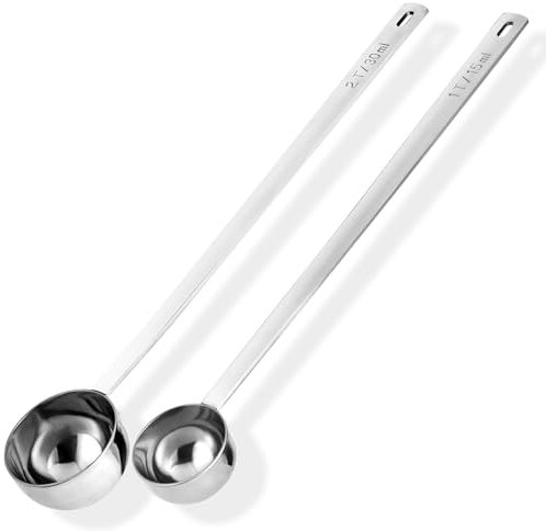 Doosu Cuchara medidora de café de acero inoxidable 18/8, 25 cm, mango extralargo, para café molido, espresso, proteína en polvo y té (15+30ml, Plateado)
