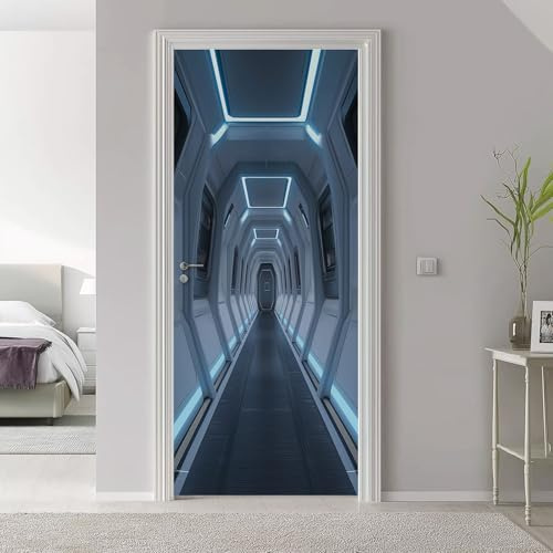 3D Türaufkleber 88 x 200 cm Modern Technologie Raumschiff Türtapete Wandbild Selbstklebend PVC Wasserdicht Abnehmbar Türfolie Türposter Wohnzimmer Schlafzimmer Küche Bad Büro Dekoration, Weiß Blau