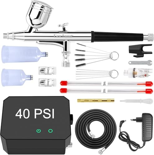 Powate 40 PSI Aerograph, Multi-Function Dual-Action Airbrush Set Compressor avec 0.2/0.3/0.5 mm Buses pour Nail Art, L'artisanat, la Décoration de Gâteaux,Noir