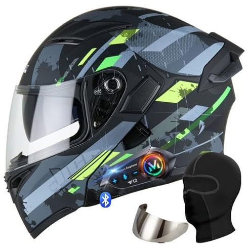 Casque de Moto avec Bluetooth – Casque intégral modulable et Rabattable for Homme et Femme, Double visière antibuée, Microphone antibruit, léger, Confortable, homologué for la Route(E,M 57~58CM)