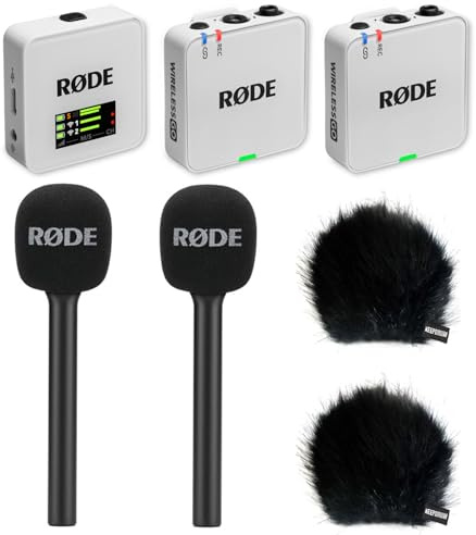 Rode Wireless GO Gen 3 - Sistema wireless per microfono a 2 canali, bianco con 2 adattatori a mano e 2 paravento Keepdrum BK