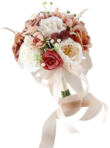 ZEPFJHE Bouquet di fiori artificiali colorati per cerimonia nuziale, bellissimo bouquet per damigelle d'onore e decorazione della casa sposa, Caramello, Taglia unica