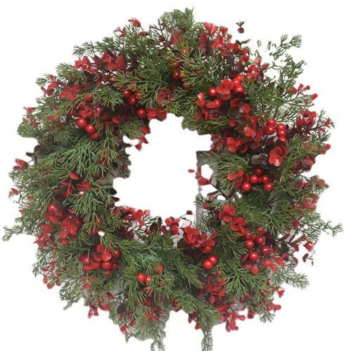 Weihnachten Türkranz, 35cm Merry Christmas Weihnachtskranz zum Aufhängen mit rote Beerenfrucht Weihnachten Dekor Adventskranz Dekokranz für Haustür Fenster Wand Kamin (Rot)