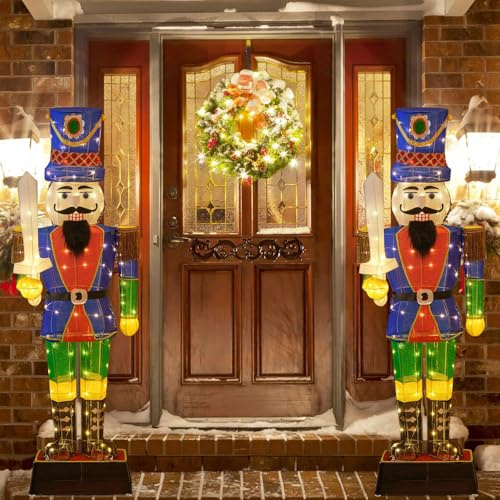 COSTWAY Weihnachten Nussknacker Figur groß, 2er Set 184 cm beleuchtete Weihnachtsdeko XXL, Weihnachtsfigur mit Schwert & 110 LED-Lichtern, Weihnachtsdekoration, Weihnachtsbeleuchtung für außen & innen