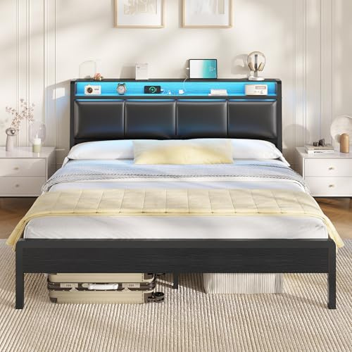 KIMENICH Bett 160 x 200, Bett mit LED-Beleuchtung, Polsterbett 160x200, Ladestation, Bettgestell mit Lattenrost, für Schlafzimmer, Gästezimmer, Schwarz