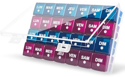 mossime Pilulier Mensuel 28 Jours, 4 Semaines, 28 Compartiments | Grande Capacité, Organisation Sur 4 Semaines, Pour Vitamines, Compléments Et Huiles De Poisson (Bleu/Violet)