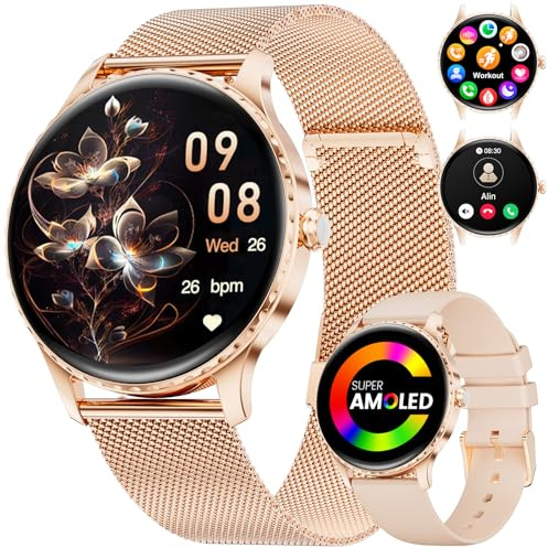 Montre Connectée Femme avec Appel Bluetooth, 1,32Amoled Display, IP68 Étanche Smartwatch, 2 Sangles/100+ Modes Sportifs pour Android iOS, Fréquence Cardiaque/Sommeil/Fonction Féminine, Or Rose