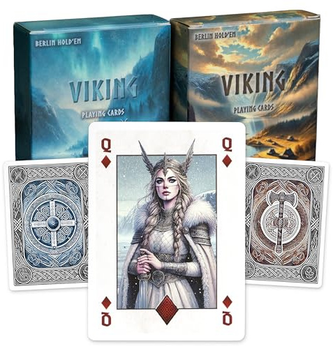 Berlin Hold'Em Viking Spielkarten - Pokerkarten Doppelpack, 112 Karten | 2 Designs, 2 Rückseiten, 6 Joker, 2 Spezialkarten, 310 GSM Black-Core Papier, Linen Finish