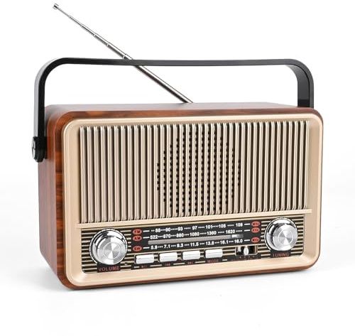 Retro Radio mit Bluetooth, Tragbares AM/FM/SW Radio mit 1800 mAh Akku, Küchenradio mit AUX-, USB- und TF-Wiedergabe, für Zuhause und Camping