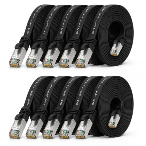 10x Cable Ethernet CAT7 plano 3m U/FTP 10 Gbit/s RJ45 Cat6a negro | Cable de red LAN plano y flexible, LSZH, para router, módem, switch, PC, Smart TV, consola, NAS y panel de conexiones RJ45.