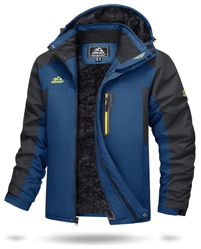 TACVASEN Herren Warme Skijacke Gefütterte Winterjacke Wasserabweisende mit Abnehmbarer Kapuzen (XL, Denim Blau)