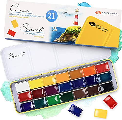 Sonnet Aquarellfarben Set, 21 Farben im Mehrzweck-Metallkasten | Aquarellfarben 21 Farben in Metallbox, Pigmente Nevskaya Palitra, für Skizzen, Illustration und Malen im Freien