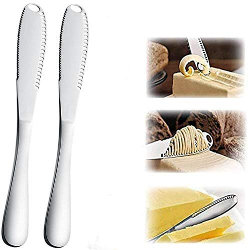 GENERI 2 x Butter Knives, Multifunctional Butter Knife, Professional 3-in-1 Stainless Steel Serrated Edge Kitchen Cheese Grater for Even Sauce Distribution, 20.5 cm