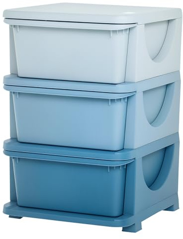 HOMCOM Torre de Almacenamiento Infantil con 3 Cajones, Organizador de Juguetes para Niños de +3 Años, con Bordes Redondeados y Asas, para Guardería, Sala de Juegos, Dormitorio, 37x37x56,5 cm, Azul