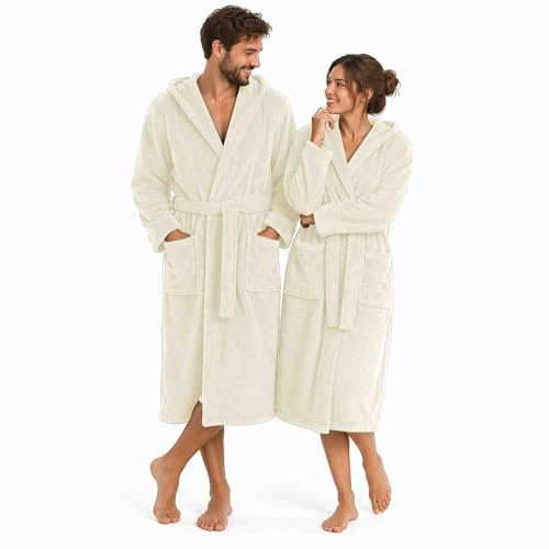 ETÉREA® Bademantel Damen & Herren flauschig aus Kuschelfleece [MIT KAPUZE] - Sauna Bademantel Mustique - Bathrobe Women - Saunamantel Unisex flauschig, weich & trocknet schnell - Natur Größe XXL