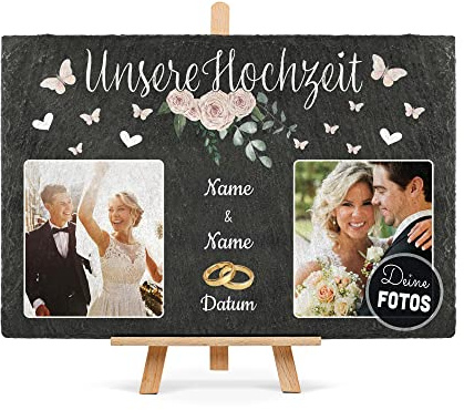 Schiefertafel selbst gestalten- Fotocollage - Hochzeit - Personalisiertes Hochzeitsgeschenk - Geschenk zum Hochzeitstag - mit Fotos, Namen und Datum - inkl. Holzstaffelei, 20 x 30 cm