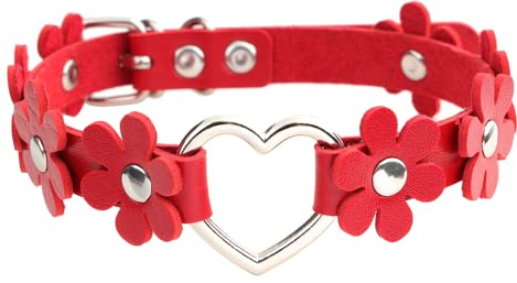 MILAKOO Punk Gothic Blummen Choker mit herzformiger Ring Damen Punk Rock Halsband rot PU Lederhalsband
