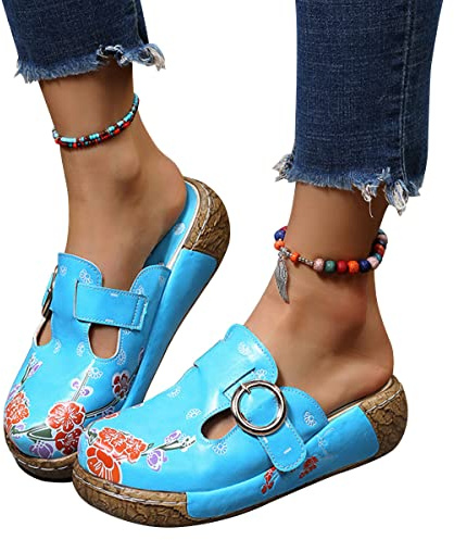 Onsoyours Sabots Femme Compensées Clogs Mules Plates Plateforme Sandales en Cuir Eté Pantoufles Chaussures Confort pour Pieds Larges A Bleu 35 EU