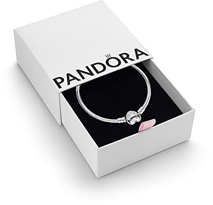 PANDORA Moments Women's Sterling Silver Heart Clasp Snake Chain Bracelet for Charms, Size 18, With Gift Box