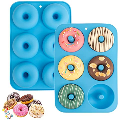 Aichoof Silicone Donut Mould Trays for 6 Doughnuts, Set of 2. Food Grade LFGB Silicone Bagels Baking Pan, Non-Stick, Dishwasher Safe, Heat Resistant and Microwave Safe(Blue)