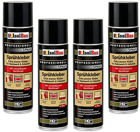 Isolbau Sprühkleber 4 x 500 ml - Extra starker Kleber für Heimwerk & Industrie - Klebe-Spray für Schaumstoff, Holz, Stoff, Leder, Filz uvm