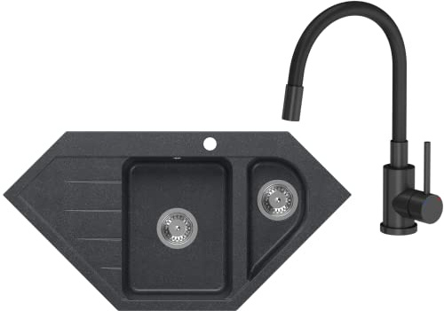 VBChome Eckspülbecken mit Armatur 95x49 cm Schwarz Granit 1,5 Becken 1,5 Abtropffläche Küche Einbauspüle Küchenspüle Gesprenkelt Spülbecken Siphon Armatur