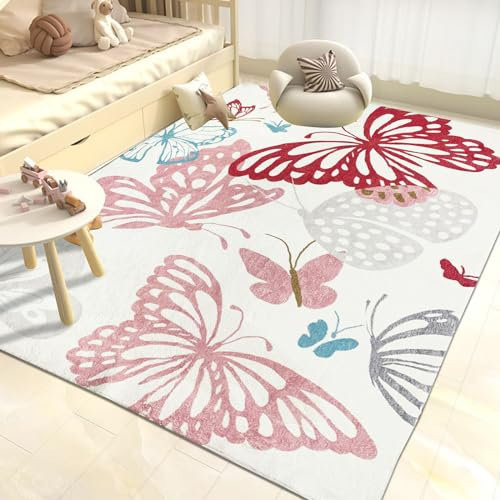 USTIDE Butterflys Kinderteppich, 139,7 x 198,1 cm, waschbarer Teppich für Mädchenzimmer, rutschfester Kinderzimmerteppich für Spielzimmer, ultraweicher Teppich, Boden, Spielmatte