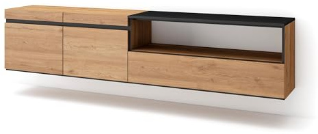 Skraut Home | TV-Schrank, Lowboard | für Wohnzimmer und Esszimmer | 200x45x35cm | Für TV-Geräte bis zu 80 | Hängend | Moderner Stil | Eiche Schwarz