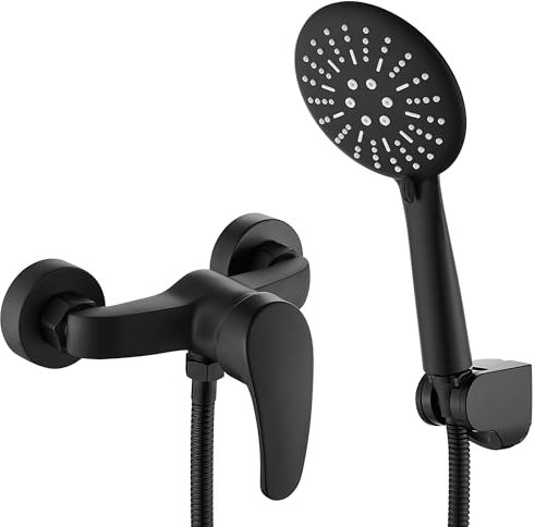 GERUIKE Grifo Ducha Monomando con Alcachofa, Manguera y Soporte - Grifo de Ducha sin Caño, 150cm Cable Ducha Acero Inoxidable, Cabezal Ducha con 3 Funciones - Negro Mate