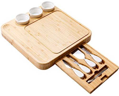 TRoki Juego de cuchillos para queso de bambú Elegante tabla de embutidos cuadrada con utensilios para servir y una hermosa presentación