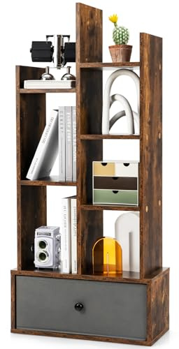 HOMASIS Bücherregal mit 12 Etagen & 2 ausziehbaren Schubladen, Büroregal aus Holz, Standregal mit Kippschutz, Lagerregal Aufbewahrungsregal für Wohnzimmer, Arbeitszimmer,Büro (Braun, 53 x 24 x 118 cm)