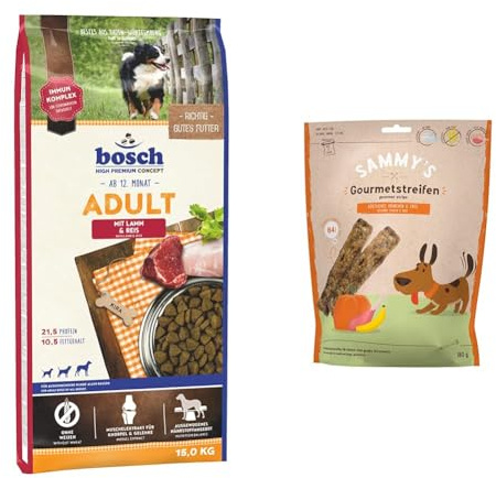 Bundle: Bosch HPC Adult mit Lamm & Reis | Hundetrockenfutter für ausgewachsene Hunde Aller Rassen | 1 x 15 kg + Sammy´s Gourmetstreifen | Hühnchen & Ente | Fleischiger Snack für Hunde | 6 x 180 g
