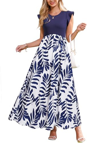 OUGES Sommerkleid Damen Lang Rüschen Maxikleid Elegant Sommer Kleid mit Taschen(Floral H,XL)