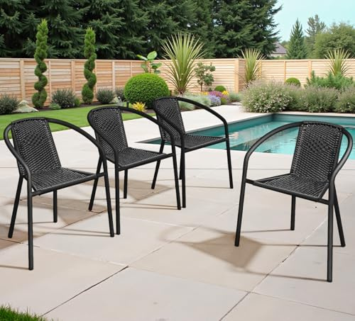 gaildon Outdoor Chairs Stackable - Set of 4 Indoor Outdoor Dining Rattan Chairs Curved Back, All Weather Bistro Patio Chairs, Black