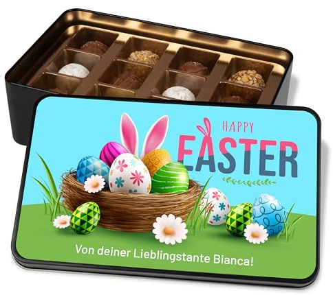 True Statements Ostergeschenk Personalisiert - Pralinendose mit Namen Happy Easter Metalldose 12 Pralinen