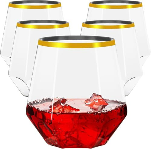 Sivaopa 24 Pack Stemless Plastic Wine Glasses, Diamond Shaped Plastic Wine Cups, Clear Gold-Rimmed Drinking Glasses, Champagne Whiskey Glasses Reusable Indoor Outdoor (12OZ)