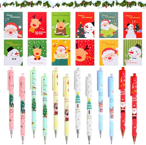 Juego de 24 artículos de papelería navideña – Bloc de notas, bolígrafo neutro, dibujos animados, pequeños objetos para niños, regalo de cumpleaños (B)