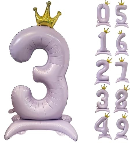 42 Inch Light Purple Crown Balloon 0-9 Standing Number 3 Balloon with Crown Purple Number Balloons for Birthday Party Decorations Supplies Digital 3