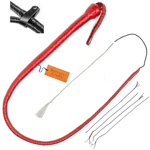 Bantoro Crafts Rosso 3 Piedi/0,90 Metri La Frusta a Serpente ha Palline di Piombo. Frusta di Cuoio con Forte crepitio 12 trecce Intrecciate
