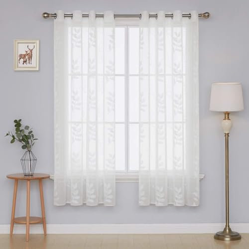 Deconovo Tenda con Occhielli Tenda in Voile Trasparente con Motivo a Foglie, 140x260 cm, Bianco, 2 Pezzi