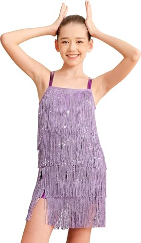 Mulnall Vestito da ragazza latina con nappe scintillante vintage da ballo per bambini costume con frange liriche gonna da ballo doppia incrocio sulla schiena performance ballroom party, viola., 4-5