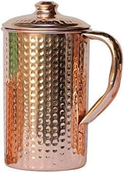 Pichet à eau en cuivre pur martelé avec couvercle pour la maison, le bureau et les voyages - 1 carafe en cuivre (1 500 ml)