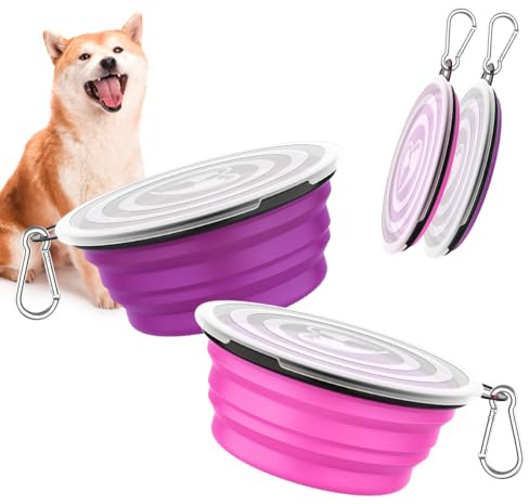 Pawaboo Vikbar hundskål, 2 stycken 1 000 ml hund reseskålar bärbar silikon läckagesäker drickskål med lock och karbinhake för hundar katter promenader på väg, rosa lila